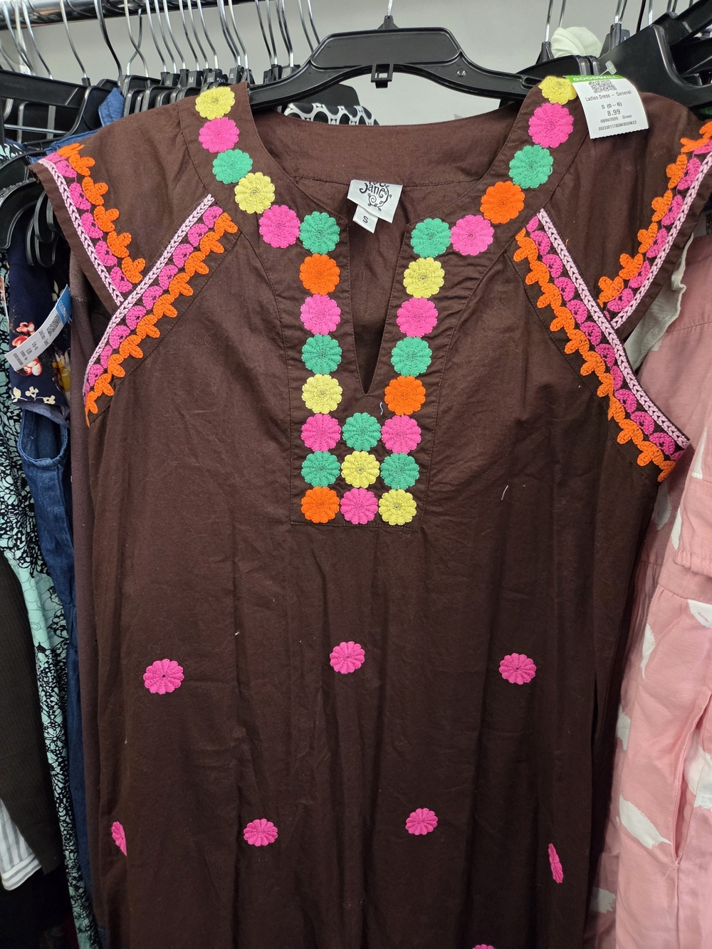 ivy jane Brown Tunic with Pink, Orange, Green & Yellow Floral Embroidery Small